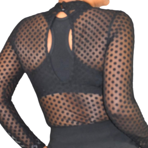 Windsor Sheer Bodysuit Black Flocked Polka Dot Mock Mesh Neck Long Sleeves Small - Picture 2 of 15